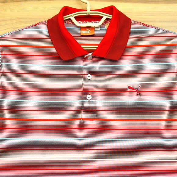 Puma Other - Puma Golf Polo Shirt Mens Large Red Blue Striped Performance Dry‎ Cell Athletic